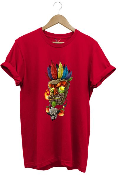 WİDİ Graffiti Patterned Native American Printed Tattoo Themed Regular Fit 100% Cotton Red T-Shirt