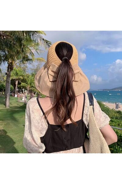 Shopiolog قناع محبوك بحافة واسعة - قبعة شاطئ قابلة للطي