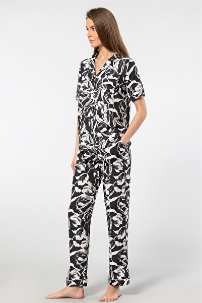 TÜREN Viscose Women's Pajamas Set - Shirt Collar, Button, Short Sleeve and Print