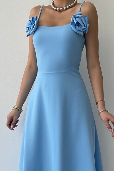 vuvutasarım Baby Blue Maxi Dress - Strapless Collar and Rose Accessories, Strappy Atlas Fabric 258
