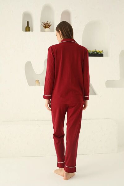 Siyah İnci Claret Red Cotton Buttoned Women's Pajama Set