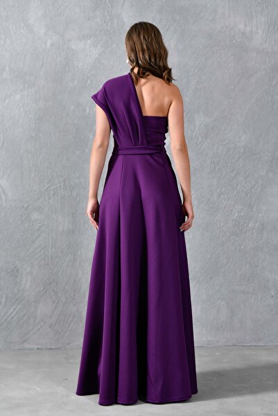 bayansepeti Purple One-Shoulder Slit and Belted Flexible Maxi Evening Dress -582754
