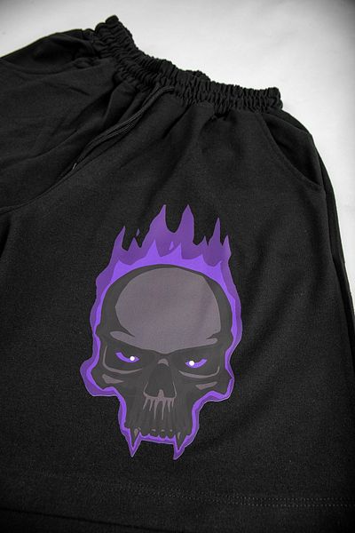 Sekizbiraltı Flame Skull Printed Black Unisex Shorts