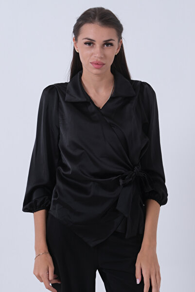 Feminist Yandan Bağlamalı Şifon Bluz Siyah 41620062