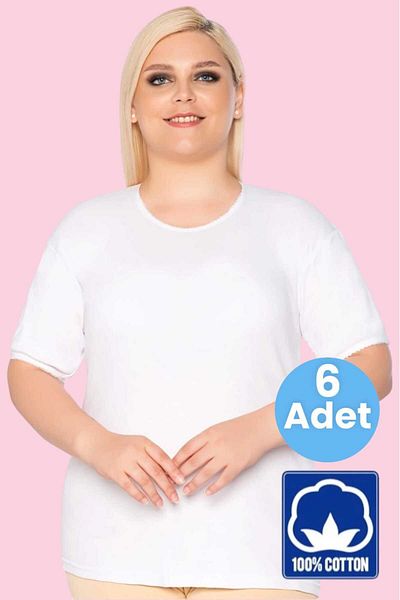 Mood Agenda Large Size Women's Undershirt - 100% Cotton, Lace, Short Sleeve, 6 Undershirts
