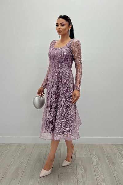 giyimmasalı Βραδινό Μίντι Φόρεμα με τετράγωνο λαιμό τούλι Glitter - LILA