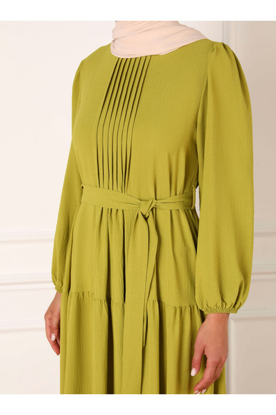 Refka Oil Green Aerobin Hijab Dress - Rib Detailed and Belted - Refka