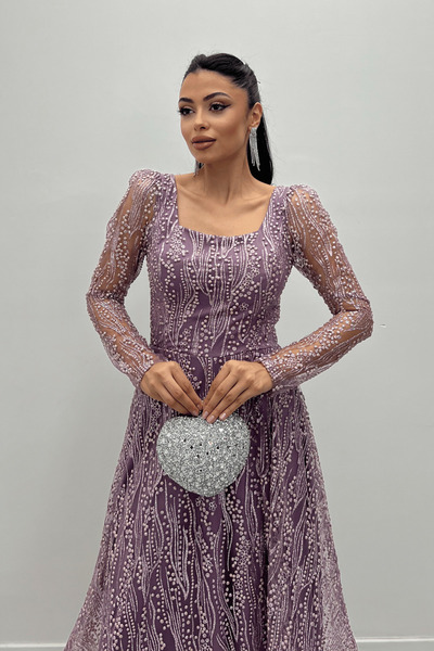 giyimmasalı Βραδινό Μίντι Φόρεμα με τετράγωνο λαιμό τούλι Glitter - LILA