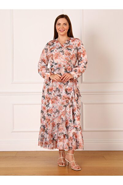 ALİA Φόρεμα σιφόν Plus Size - Floral Print, Salmon- Alia