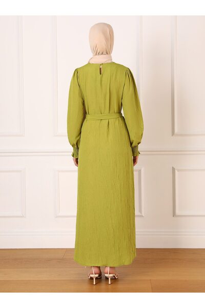 Refka Oil Green Balloon Sleeve Belted Hijab Dress - Refka