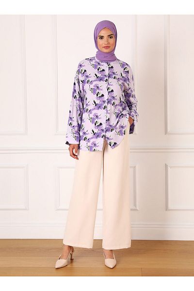 Refka Lilac Patterned Viscose Tunic - Comfortable Fit - Refka