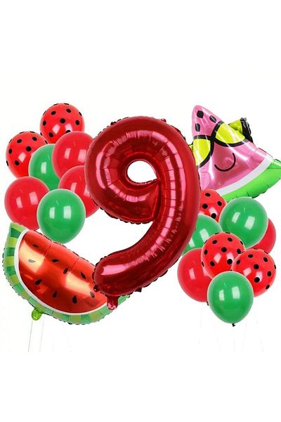 Konsept Sepeti Γενέθλια 9 ετών Watermelon Concept - Σετ πάρτι με μπαλόνι με κόκκινο και πράσινο φύλλο