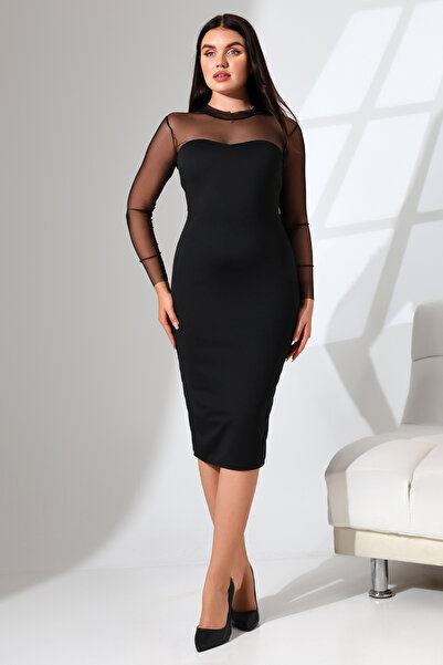 Moda MiraGül Kalp Yaka Üstü Tüllü Balık Elbise