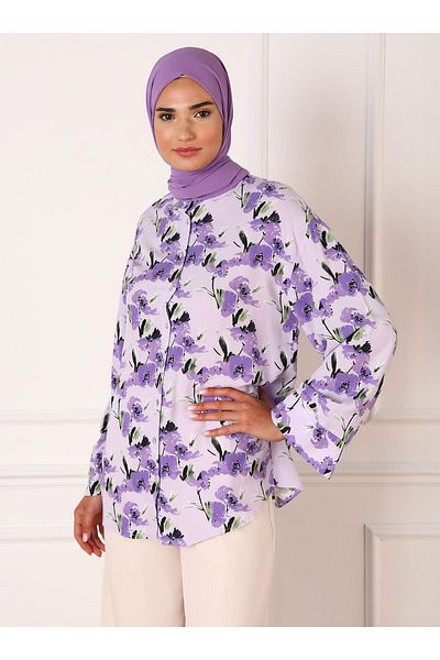 Refka Lilac Patterned Viscose Tunic - Comfortable Fit - Refka