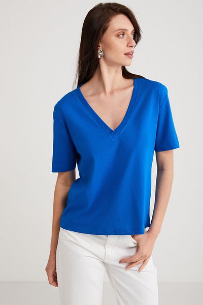 ETHIQUET Tricou Aline pentru femei, 100% bumbac organic, cu croiala normală, cu decolteu în V, albastru de bază