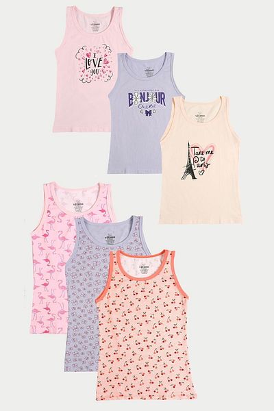 vitmo 6-Piece Cotton Bonjour & Cherry Mixed Tank Top Set for Girls