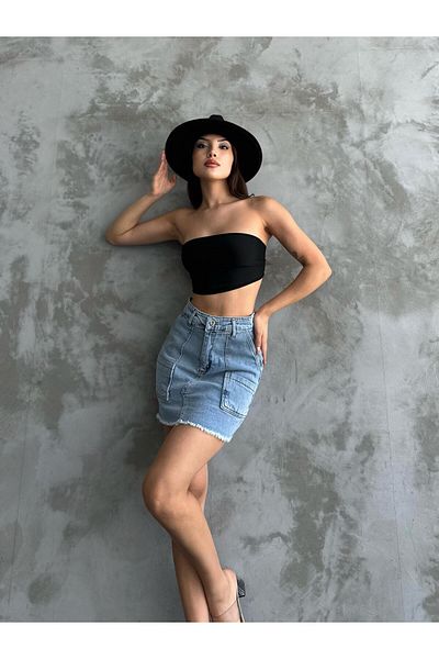 BROWSER Fustă scurtă din denim pentru femei, albastră Snow Wash, cu dantelă