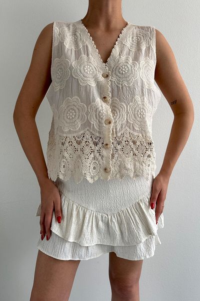 Suzi Women's Stone Color Flower Embroidered Lace Vest Standard Size