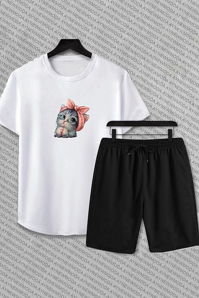 MODARAMA Cute Cat Printed T-Shirt and Shorts Set