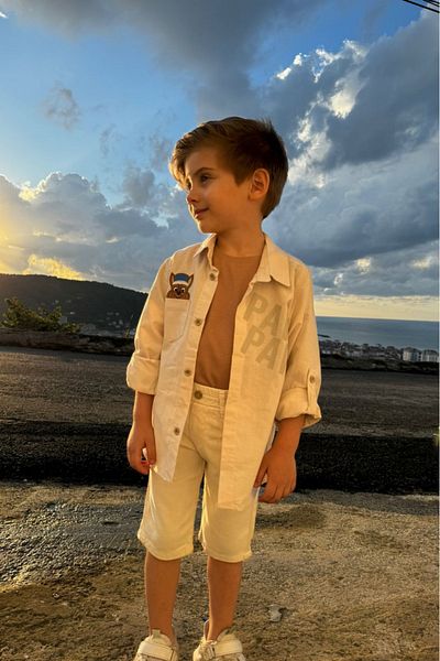 Pollito Boy's Ecru Shirt T-Shirt - Seasonal, Cotton, Paw Dog Embroidered 2-Piece Set