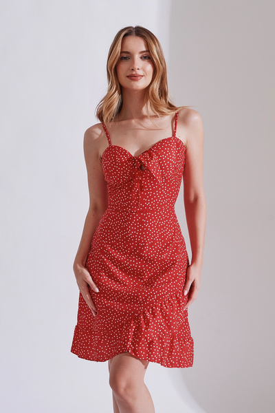 Rabia Çelik Kadın Kırmızı Puantiyeli Göğüsü Bağlamalı Askılı Kısa Elbise