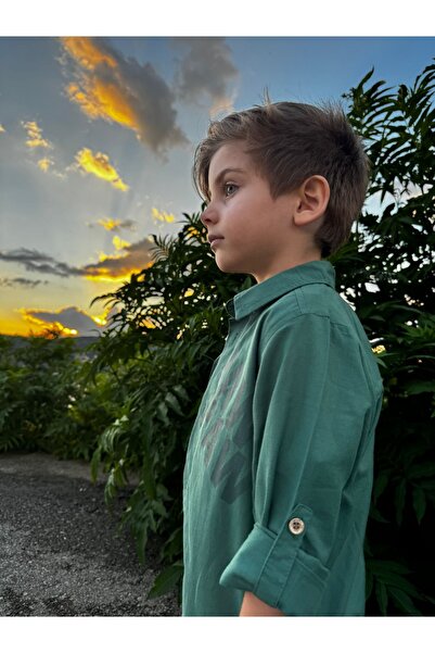 Pollito Dark Green Embroidered Cotton Shirt T-Shirt and Paw Dog Pattern 2-Piece Set for Boy