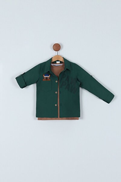 Pollito Dark Green Embroidered Cotton Shirt T-Shirt and Paw Dog Pattern 2-Piece Set for Boy