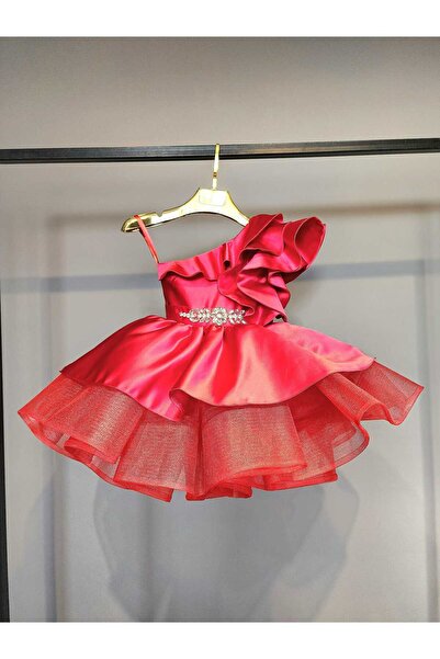 SCSTİL TEK OMUZ FIRFIRLI BEL AKSESUARLI KIRMIZI ELBİSE