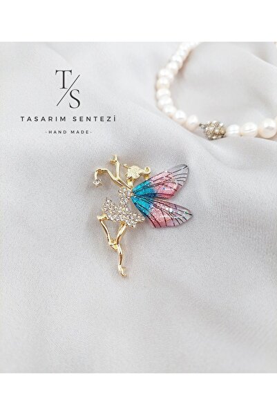 Tasarım Sentezi Broş Metal Rozet Melek Kız Taşlı Kanatlı Peri Yaka Kıyafet Şapka Takı Aksesuar Angel Fairy Brooch
