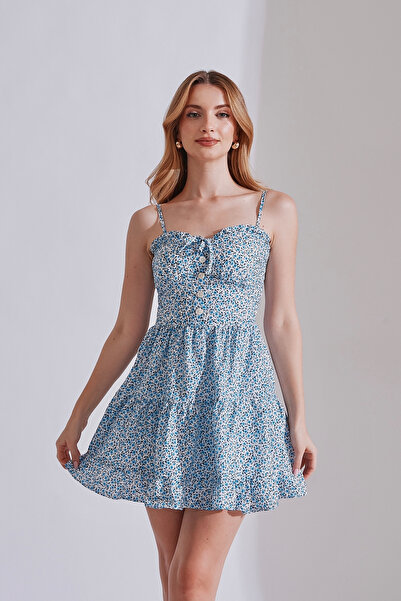 Rabia Çelik Kadın Mavi Kalp Yaka Çiçek Desenli Kısa Elbise