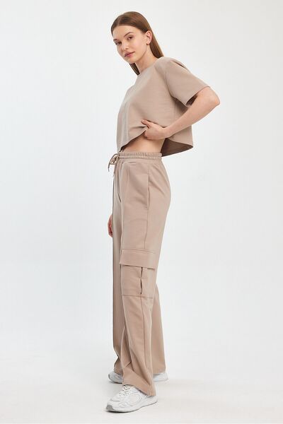Penyelux Kadın Vizyon Kargo Cepli Beli Lastikli Paçası Bol 2 İpli Kumaş Palazzo Pantolon