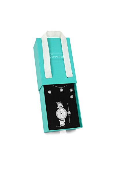 Forentina Gümüş Kaplama Tektaş Kolye Küpe Yüzük Bileklik Saat Set - Ps167800tr