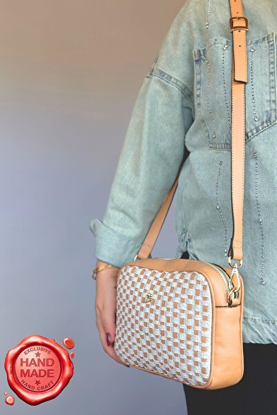 GALB LEATHER Handmade Straw Patterned Medium Size Women's Shoulder Bag Cream Color