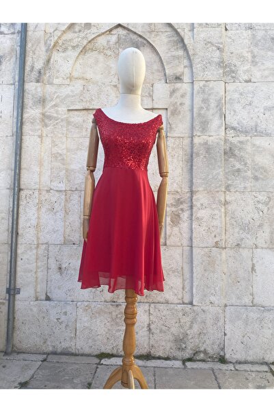 Butik KIRMIZI KAYIK YAKA PAYETLİ ŞİFON ELBİSE