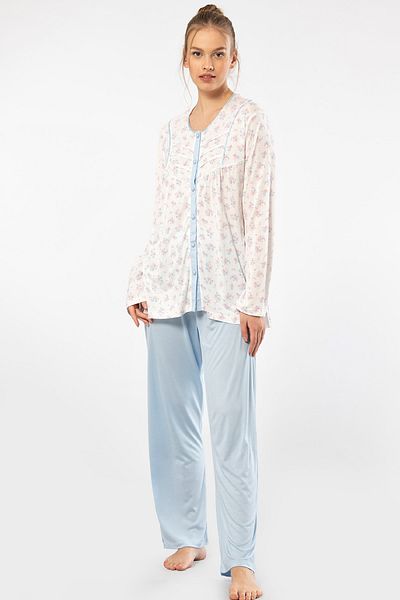 TÜREN Set de pijamale pentru femei, cu mâneci lungi, cu nasturi, cu imprimeu floral