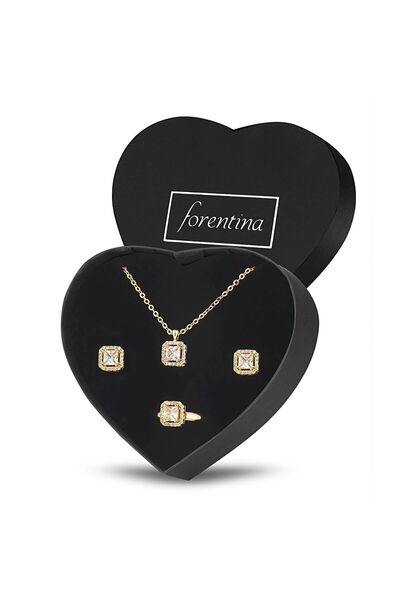 Forentina Altın Kaplama Zirkon Tektaş Kolye Küpe Bileklik Takı Seti - Ps291900tr