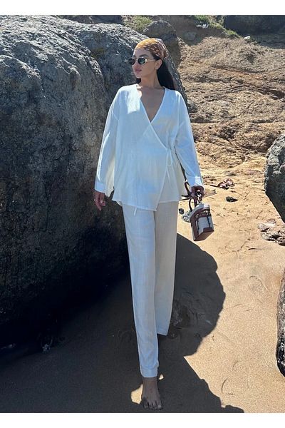 My Blog Cotton Ecru Double Breasted Kimono Set - Side Tie