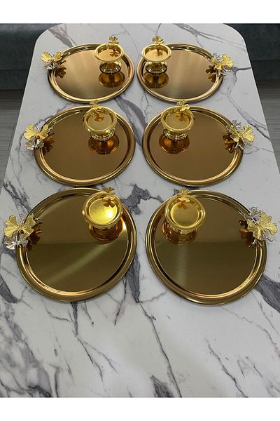 Aslı Hediyelik Gold Butterfly Steel Round Presentation Tray and Butterfly Macaron Holder - 2 Different Models