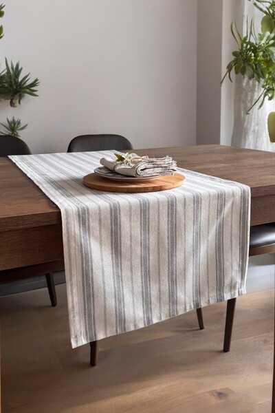 Doryan Home Gri Çizgili Bej Ham Keten Pamuk Dekoratif Runner Masa Örtüsü 130x...