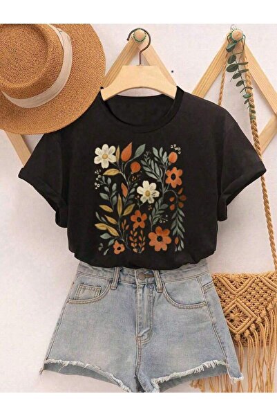 NoVibe Tricou unisex din bumbac cu mânecă scurtă cu imprimeu floral negru