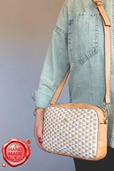 GALB LEATHER Handmade Straw Patterned Medium Size Women's Shoulder Bag Cream Color