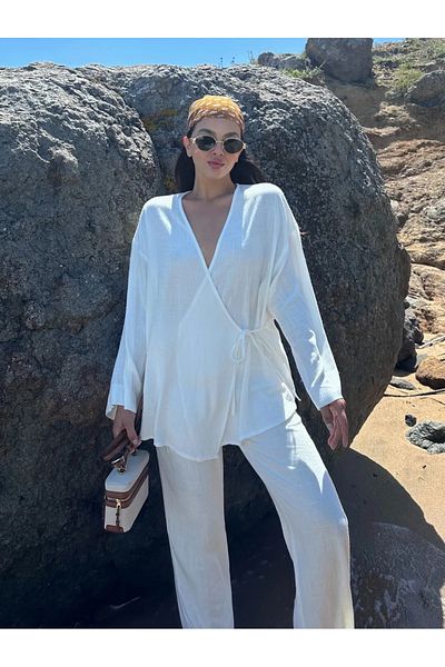 My Blog Cotton Ecru Double Breasted Kimono Set - Side Tie