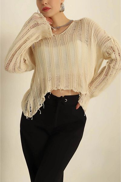 miratriko V-Neck Openwork Knitwear Seasonal Sweater - Tasseled