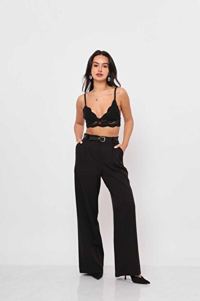 Reyon siyah renk yüksek bel kemerli pantolon