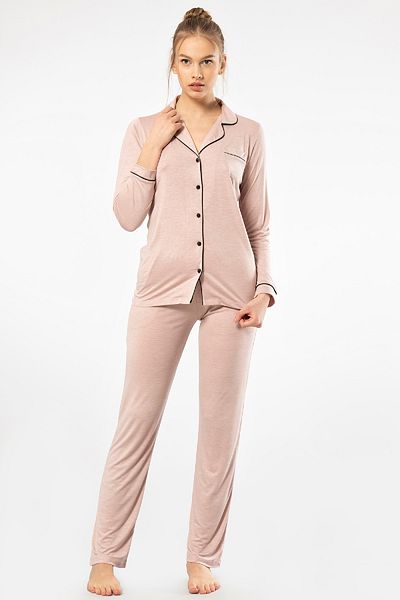 TÜREN Long Sleeve Shirt Collar Viscose Women's Pajamas Set