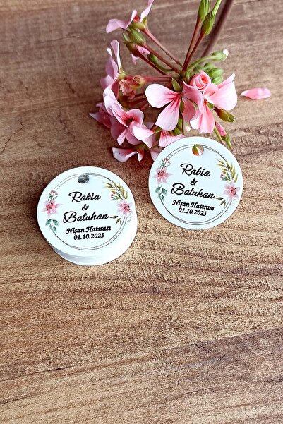 Vice Pembe Çiçek Baskılı  Etiket / Nikah Şekeri Etiketi / Doğum Günü Etiket 100 Adet (3,8 CM)