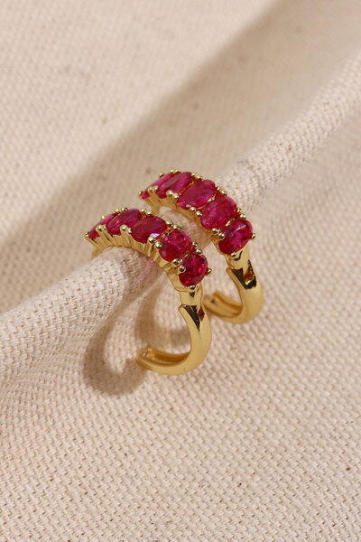 Süspüs Accessories Pembe Oval Taşlı Gold Renk Halka Küpe