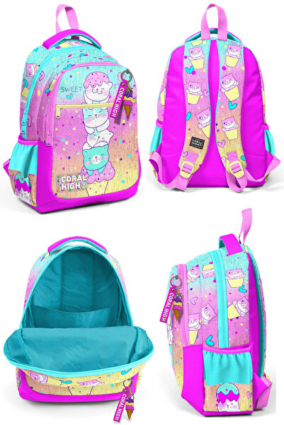 Coral High Renkli Dondurmalı Kedi Desenli Üç Bölmeli Okul Sırt Çantası Beslenme Çantası Kalem Çantası 23648Set