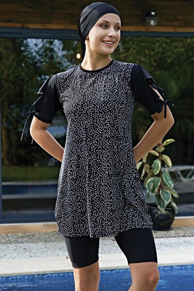 REMSA Yarı Kapalı Likralı  Volanlı Kısa Kollu Mayo 2423 Siyah