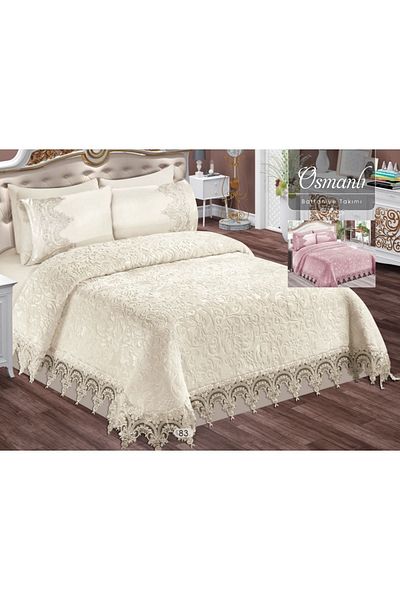 baladı home ev tekstil home collection طقم بطانية مزدوجة من الدانتيل الفرنسي - طقم مفرش سرير المهر (3 قطع)
